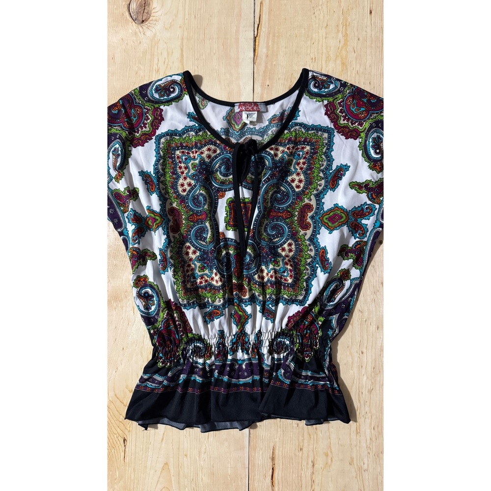 Carol Rose Womens XL Petite Paisley Peplum Top Smocked Waist Multicolor‎ Boho